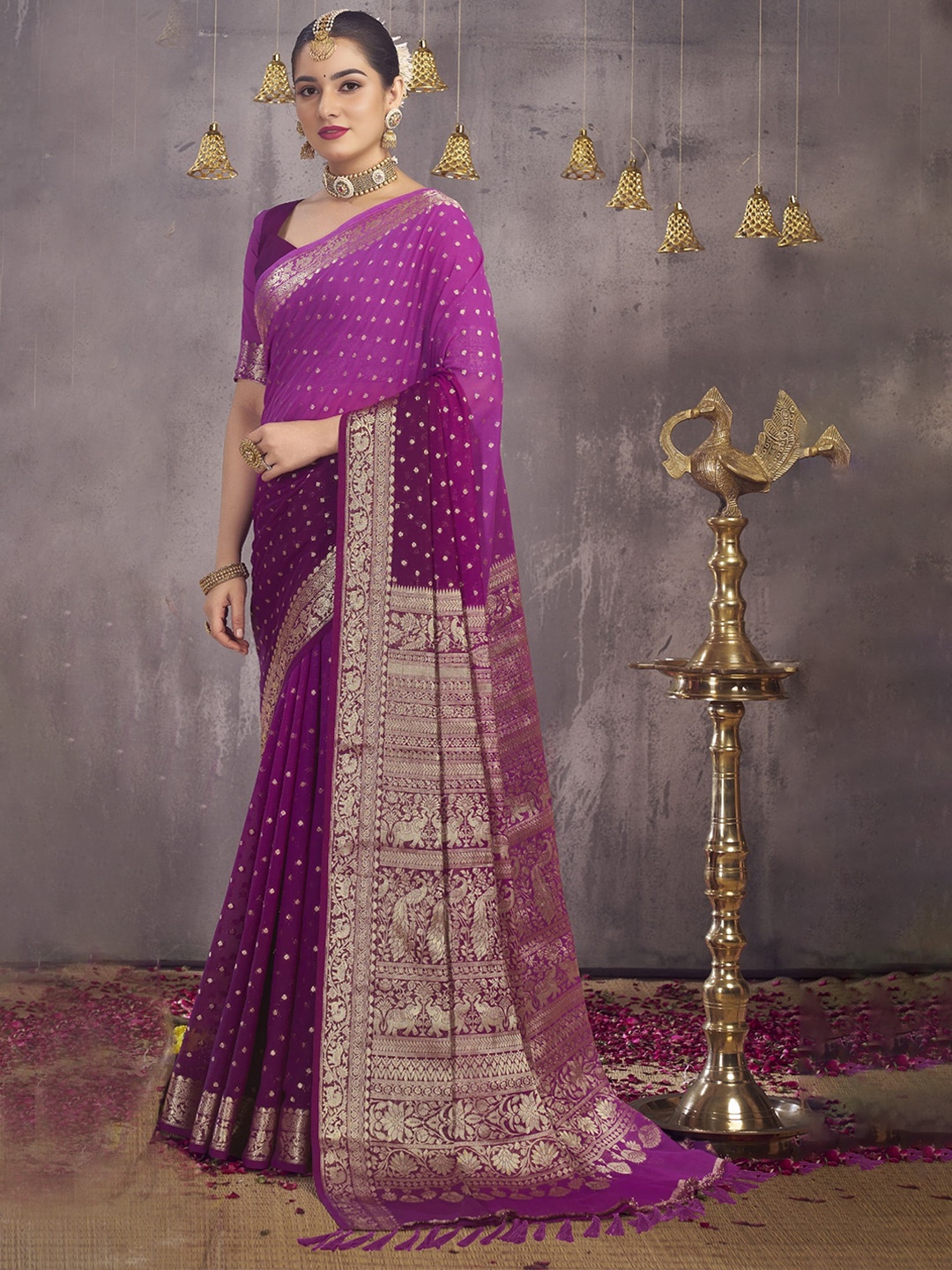 

V3 FASHION STUDIO Ethnic Motifs Woven Design Zari Pure Georgette Banarasi Saree, Purple