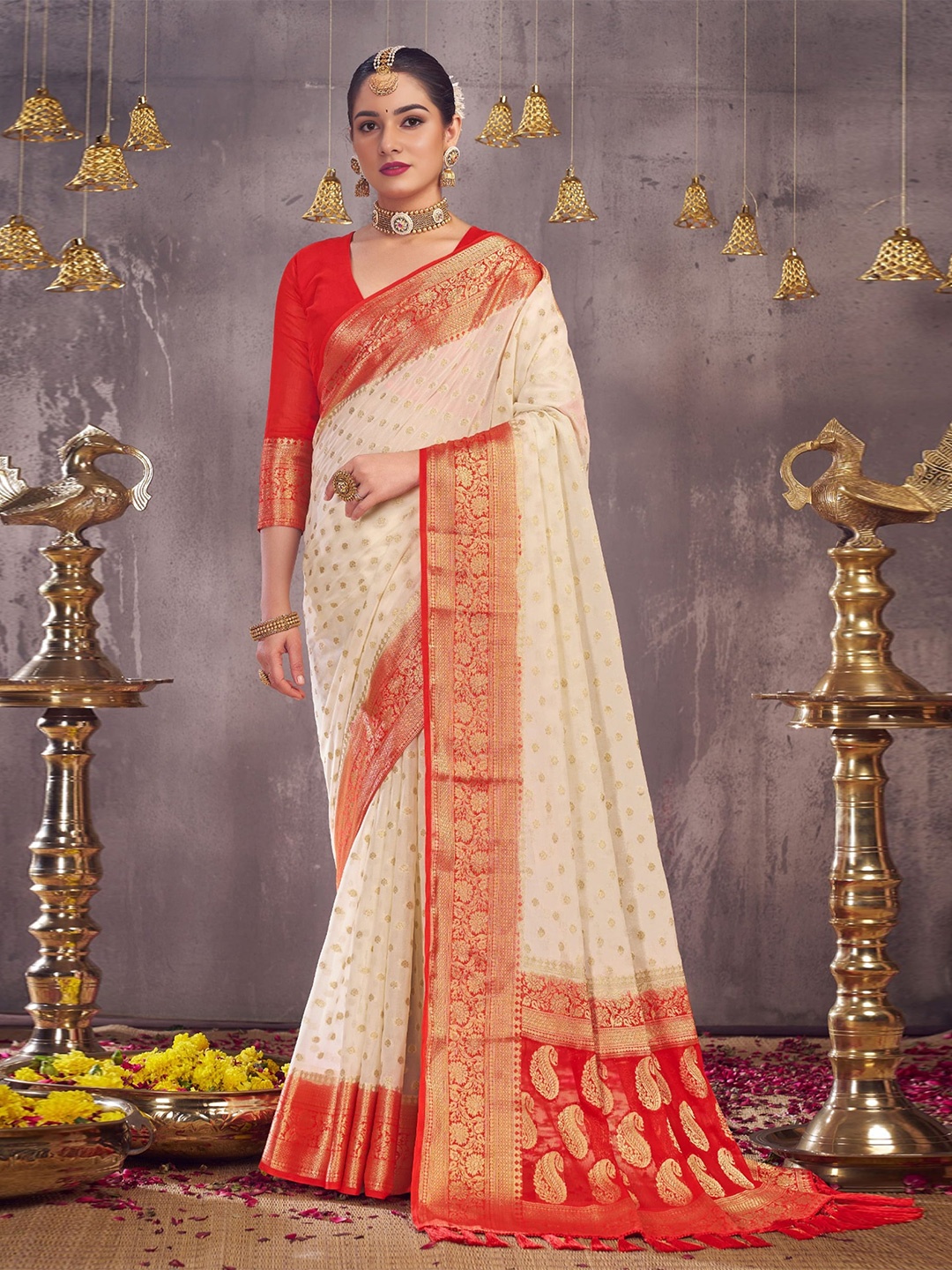 

V3 FASHION STUDIO Ethnic Motifs Woven Design Zari Pure Georgette Banarasi Saree, Off white
