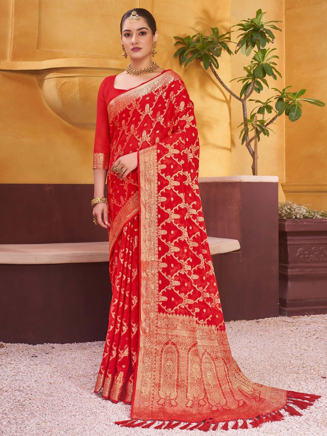 

V3 FASHION STUDIO Ethnic Motifs Woven Design Zari Pure Georgette Banarasi Saree, Red