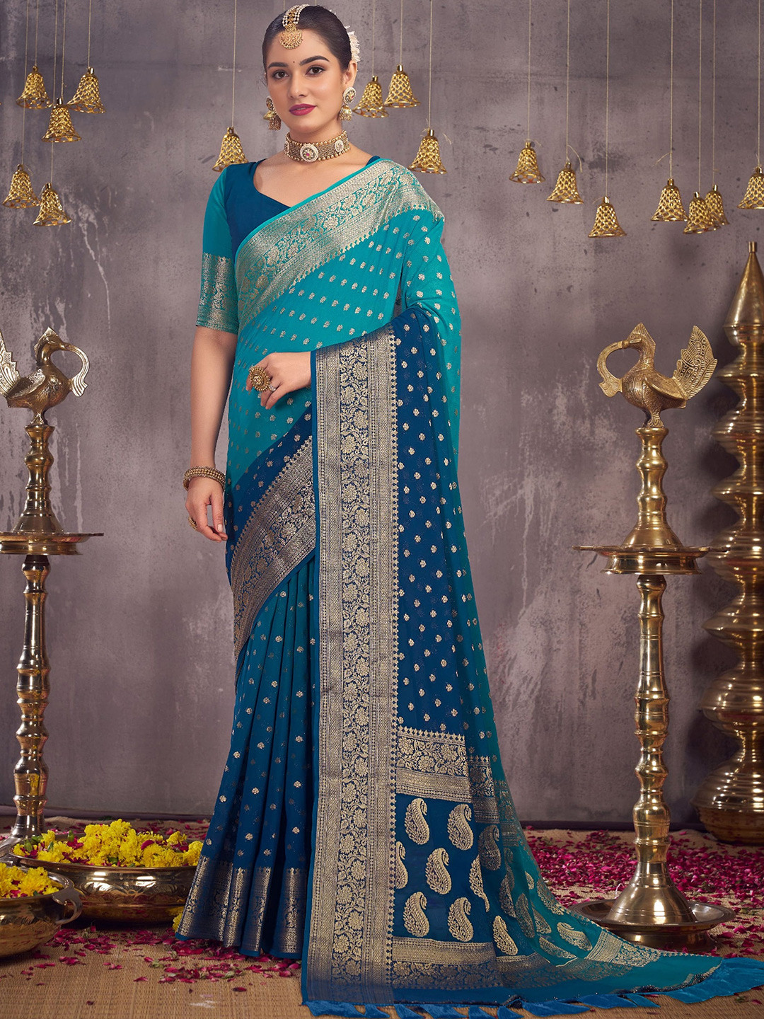 

V3 FASHION STUDIO Ethnic Motifs Woven Design Zari Pure Georgette Banarasi Saree, Blue