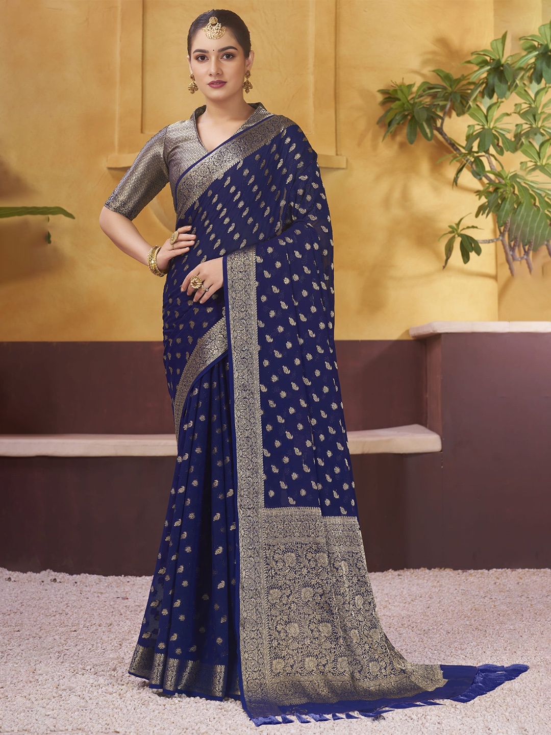 

V3 FASHION STUDIO Ethnic Motifs Woven Design Zari Pure Georgette Banarasi Saree, Blue