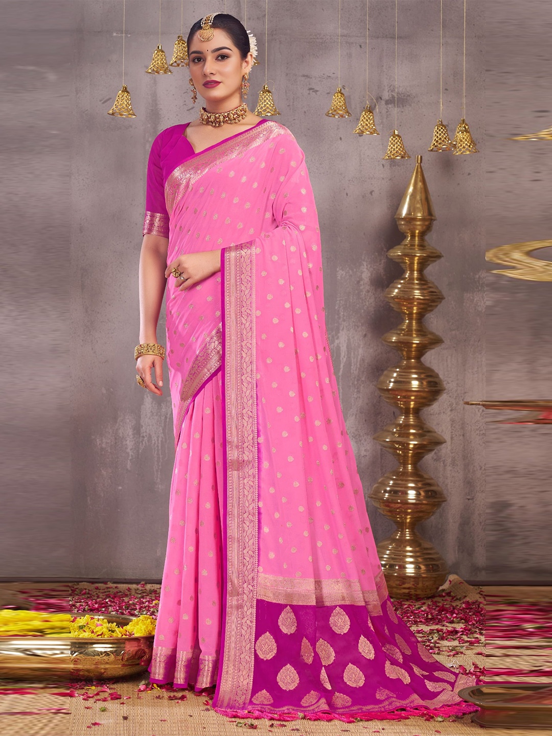 

V3 FASHION STUDIO Ethnic Motifs Woven Design Zari Pure Georgette Banarasi Saree, Pink
