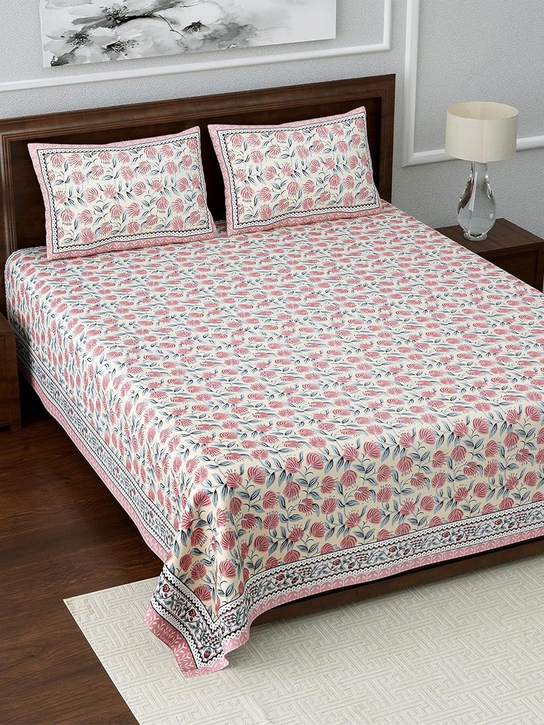 

BRASK INDIA Pink & White Floral Cotton 300 TC King Bedsheet With 2 Pillow Covers