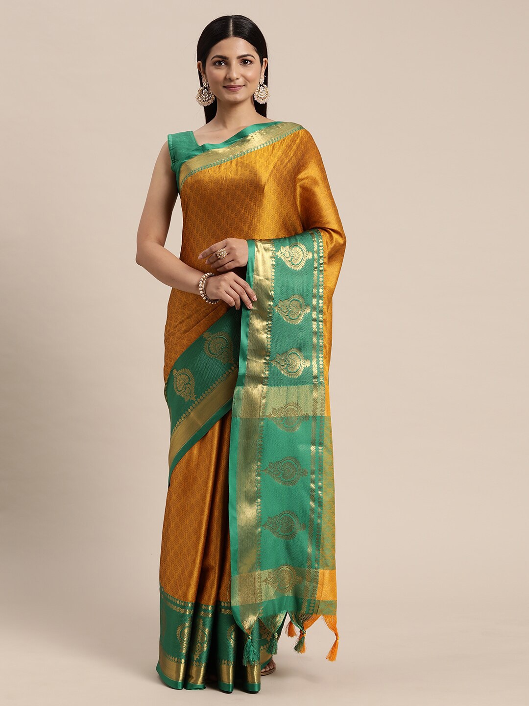 

DWINI Ethnic Motifs Woven Design Zari Silk Cotton Dharmavaram Saree, Green