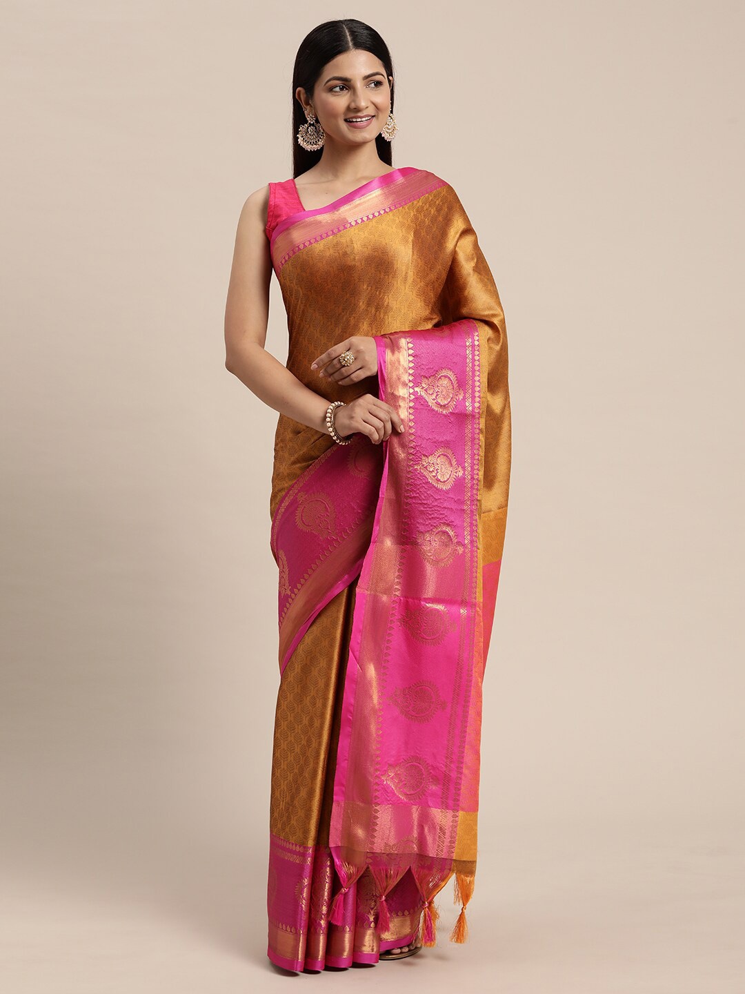 

DWINI Ethnic Motifs Woven Design Zari Silk Cotton Dharmavaram Saree, Mustard