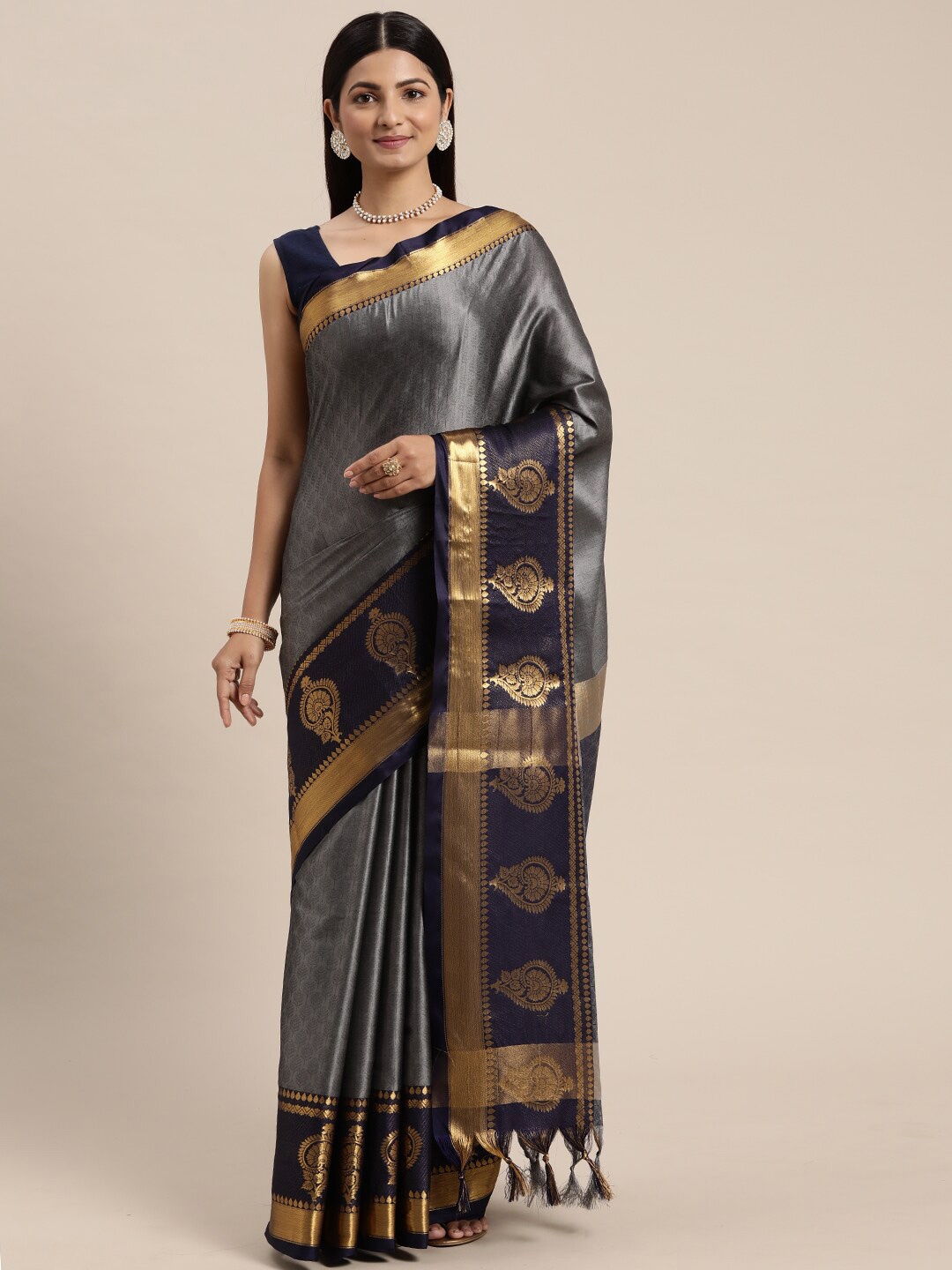 

DWINI Ethnic Motifs Woven Design Zari Silk Cotton Dharmavaram Saree, Grey