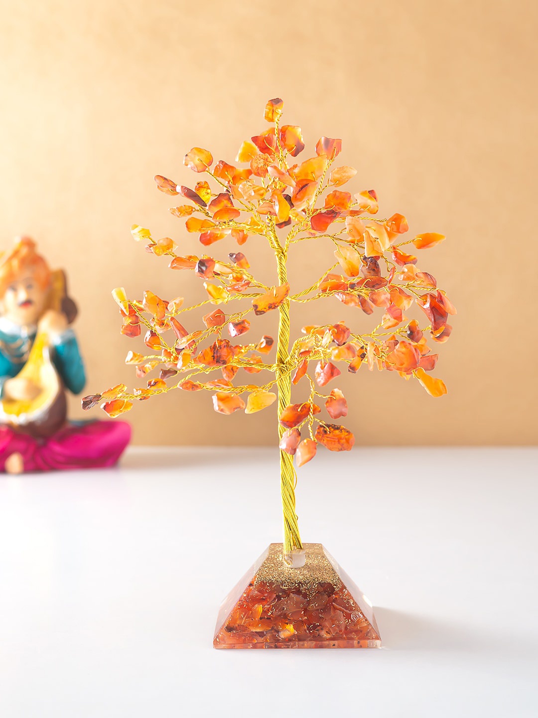 

Golden Peacock Orange Agate Stone Wish Tree Showpiece