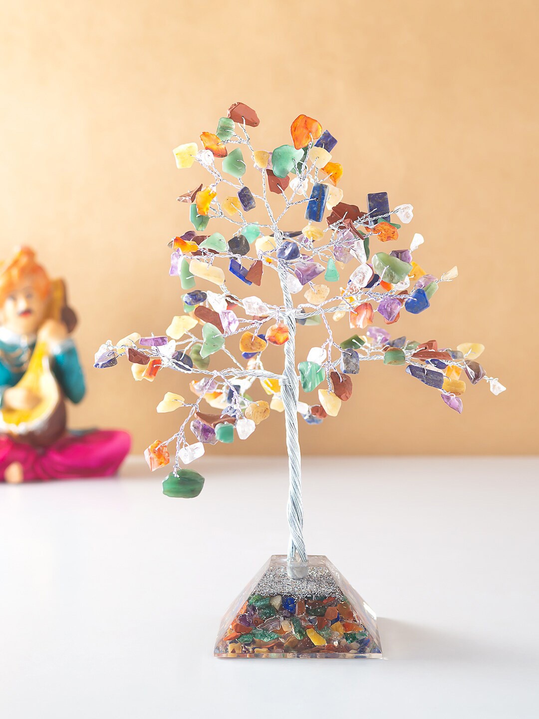 

Golden Peacock Blue & Green Agate Stone Wish Tree Showpiece