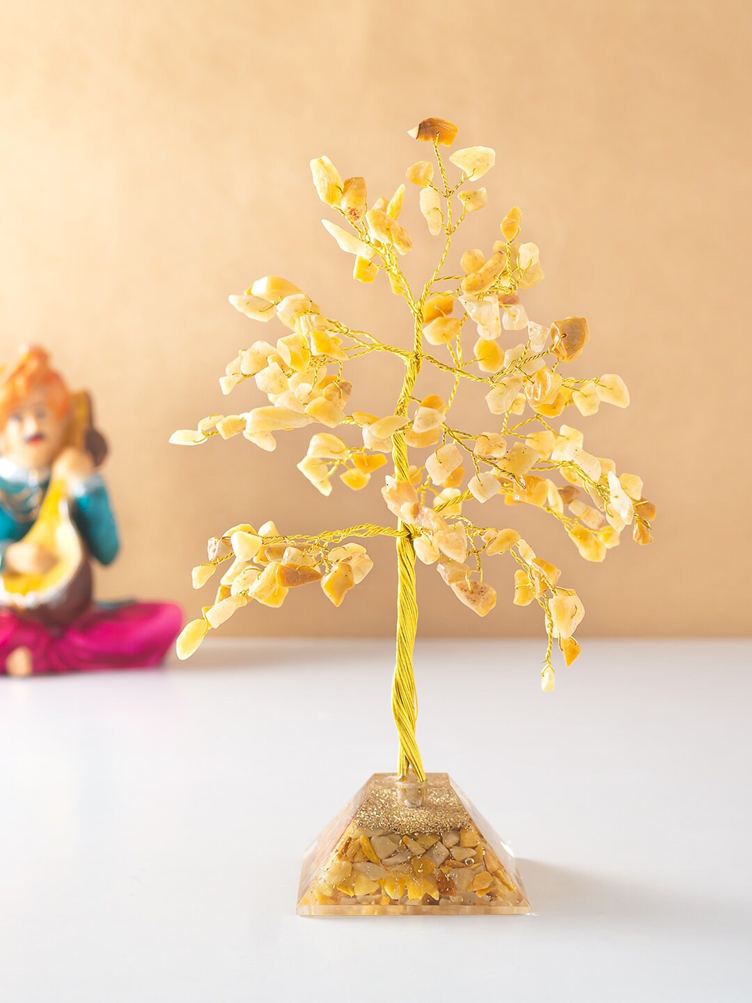 Golden Peacock Purple & Silver-Toned Agate Stone Wish Tree Showpiece, Mustard