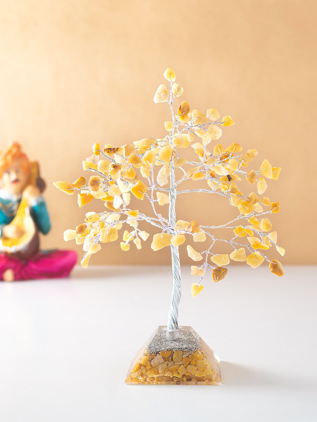 

Golden Peacock Mustard Yellow & Silver-Toned Agate Stone Wish Tree Showpiece