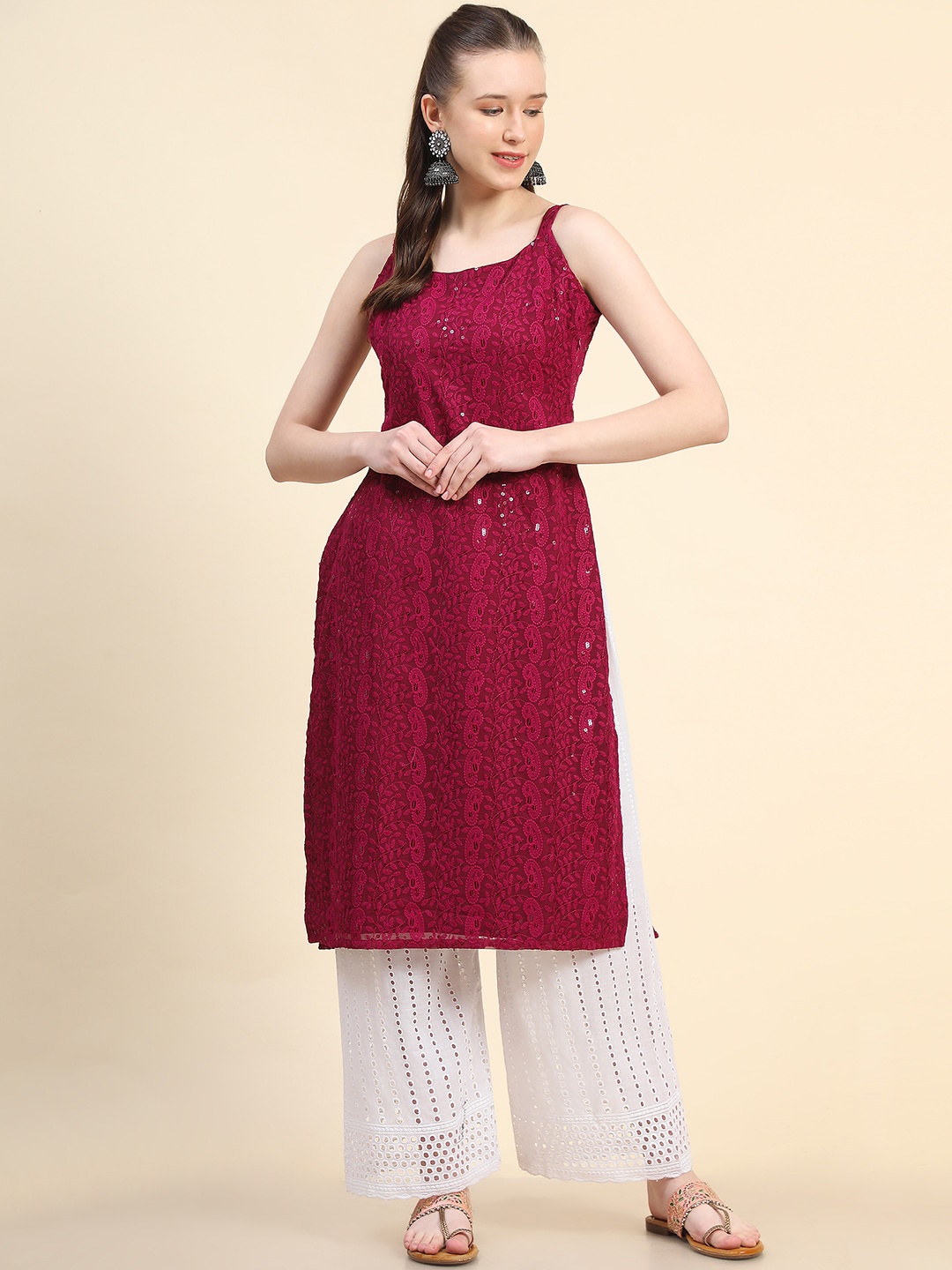 

BLACK SCISSOR Chikankari Embroidered Shoulder Straps Sequinned Straight Kurta, Burgundy