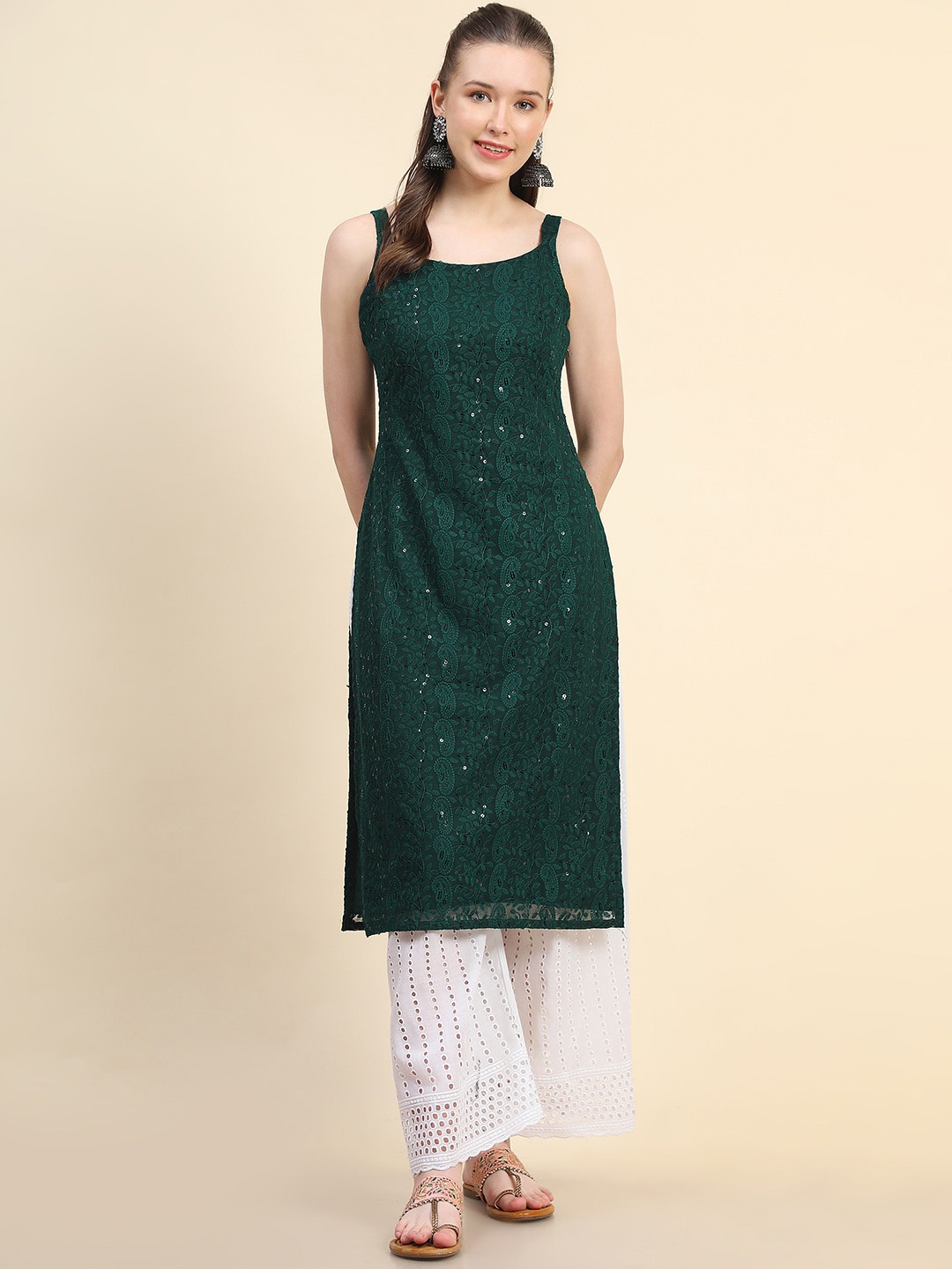 

BLACK SCISSOR Ethnic Motifs Embroidered Shoulder Straps Chikankari Kurta, Green