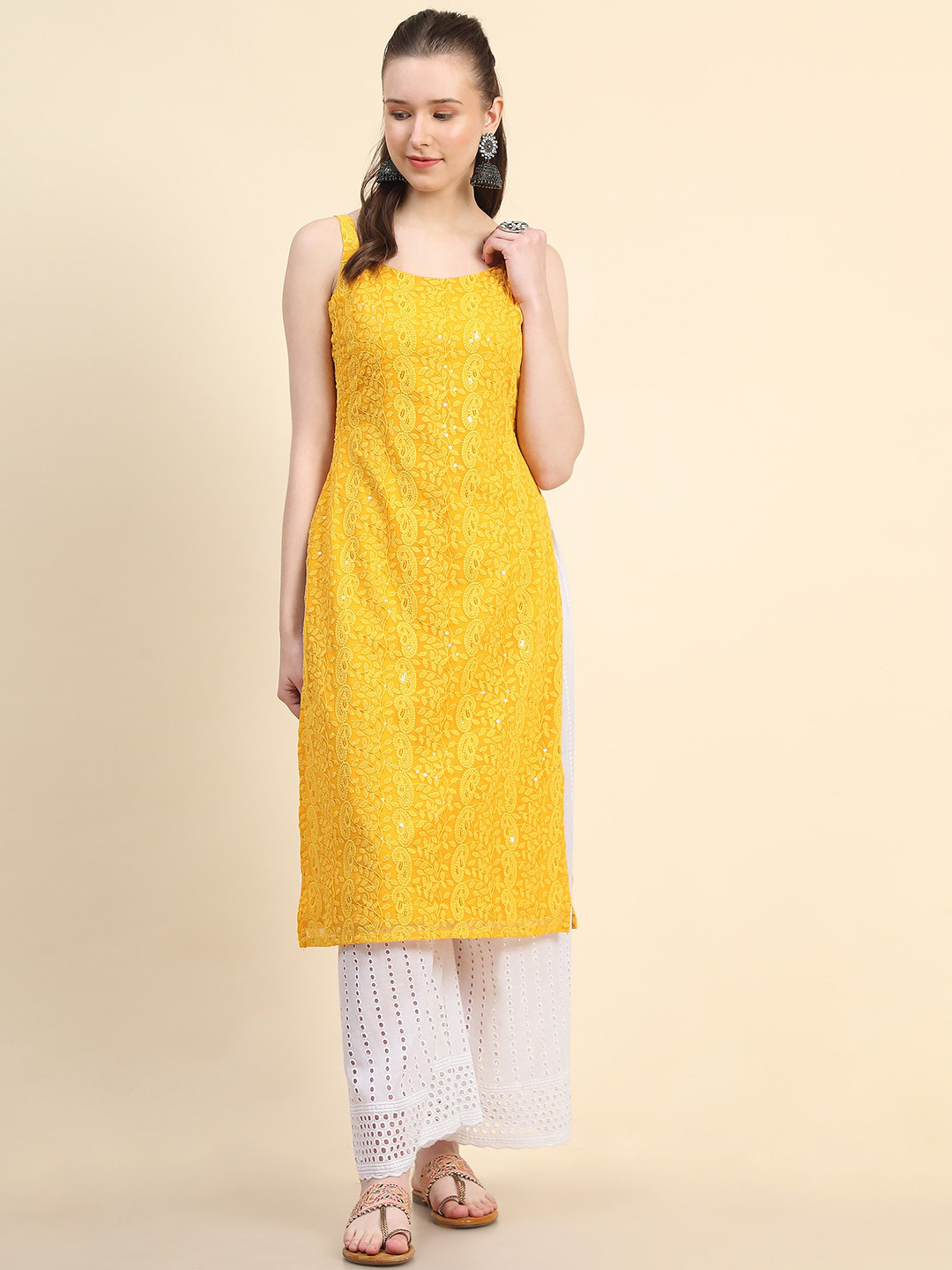 

BLACK SCISSOR Embroidered Chikankari Round Neck Sleeveless Straight Sequins Kurta, Yellow