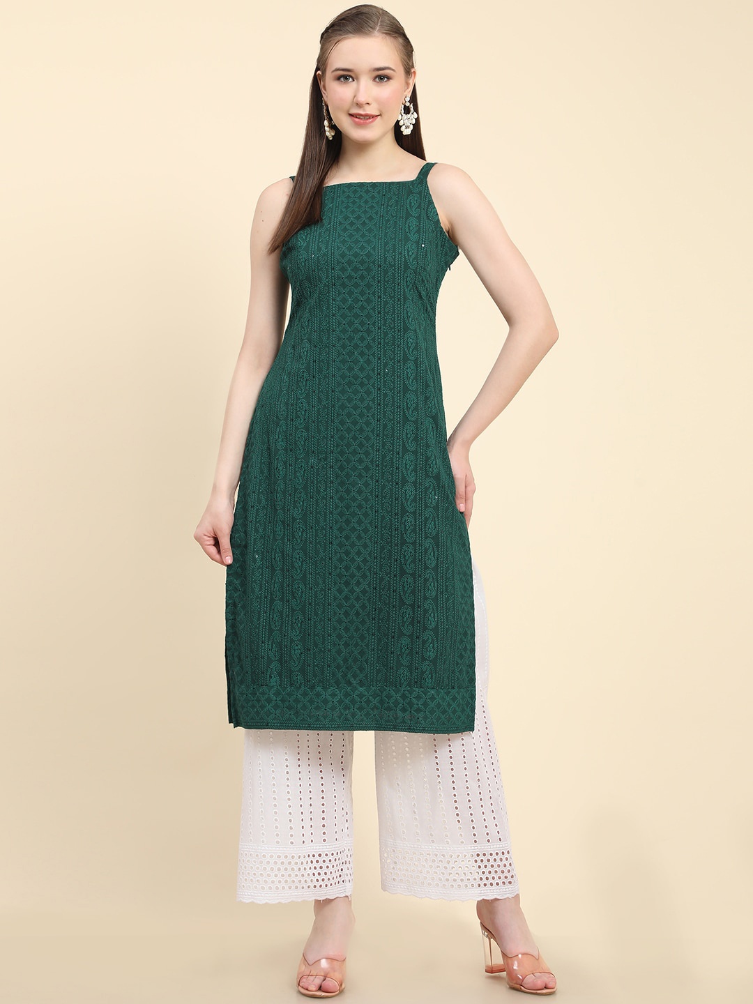 

BLACK SCISSOR Ethnic Motifs Embroidered Shoulder Straps Chikankari Kurta, Green