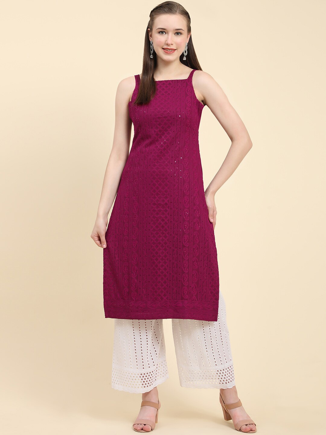 

BLACK SCISSOR Shoulder Straps Chikankari Straight Kurta, Burgundy