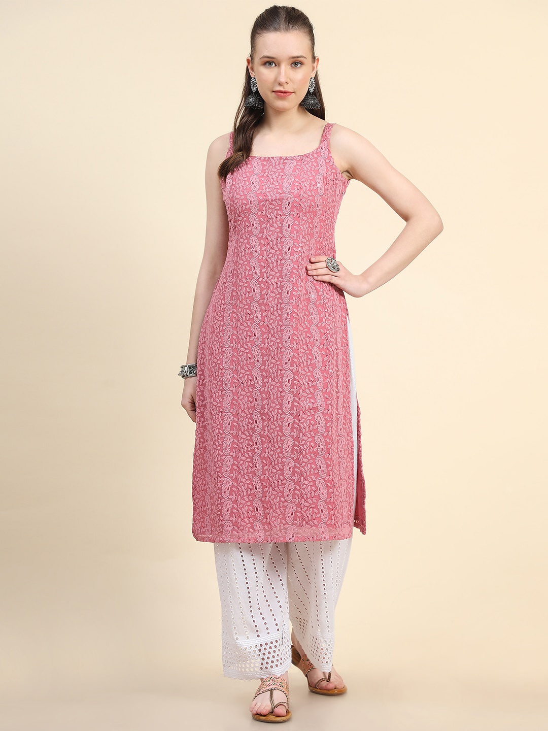 

BLACK SCISSOR Paisley Embroidered Sequinned Chikankari Georgette Straight Kurta, Pink
