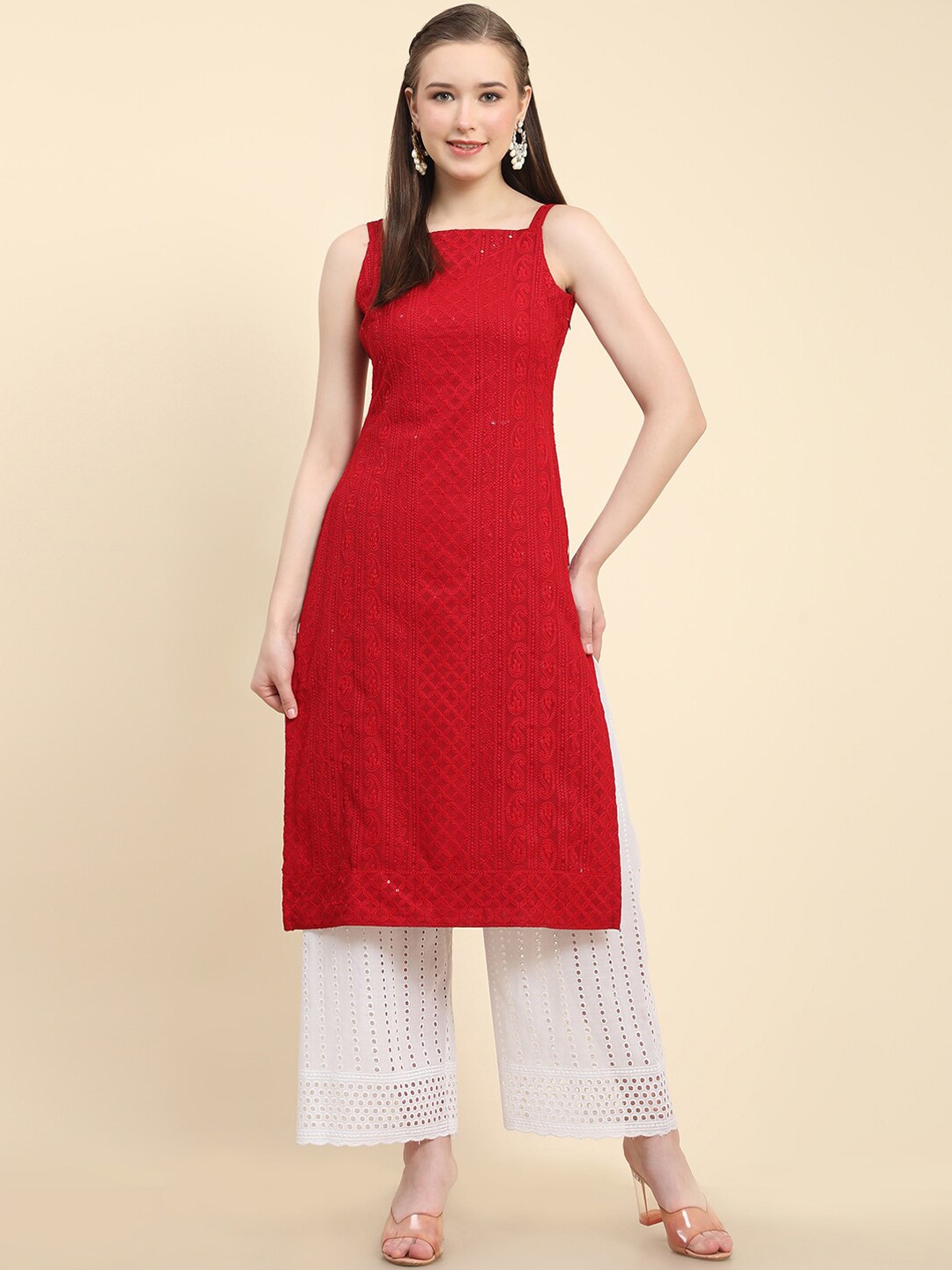 

BLACK SCISSOR Chikankari Embroidered Shoulder Straps Sequinned Straight Kurta, Red