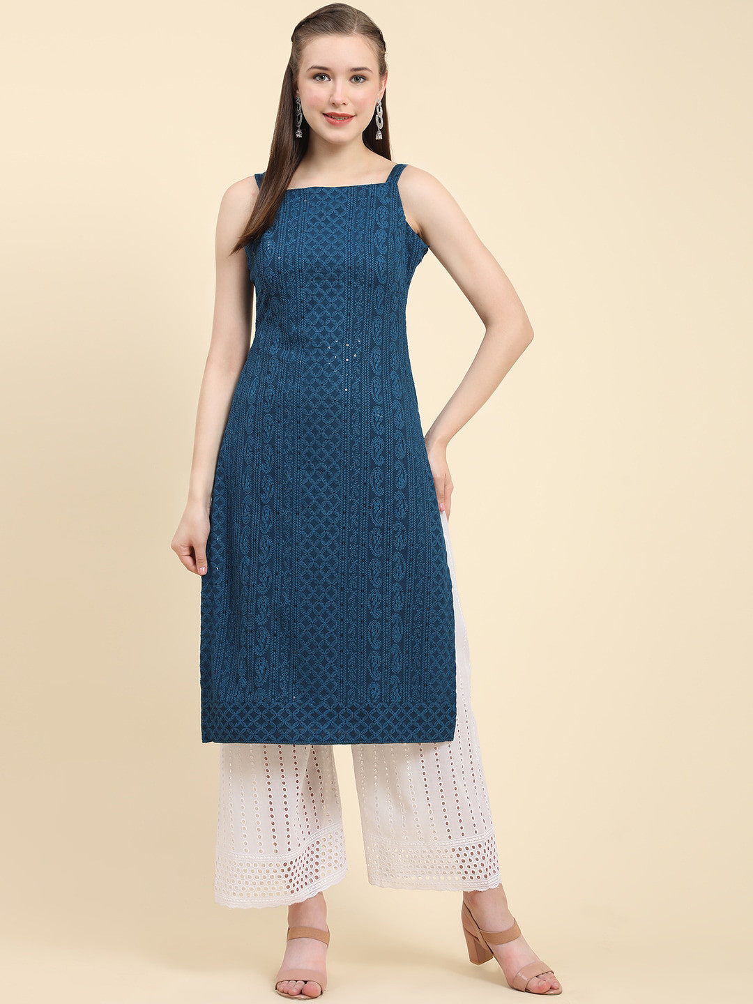 

BLACK SCISSOR Embroidered Chikankari Round Neck Sleeveless Straight Sequins Kurta, Blue