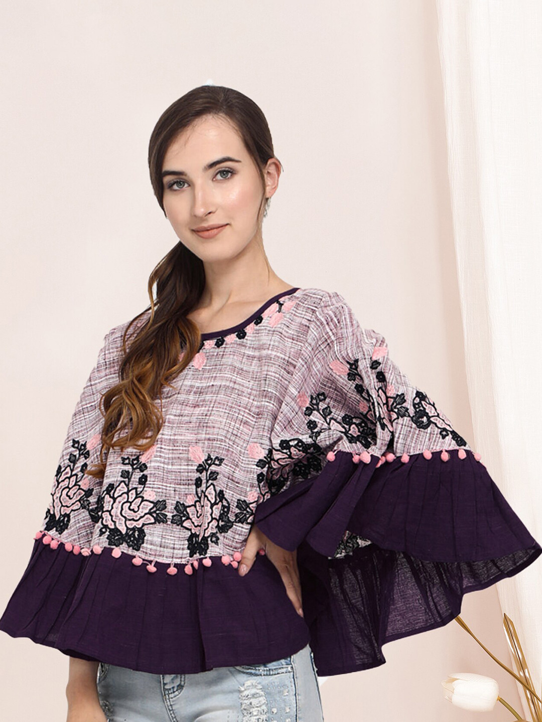 

Selvia Floral Embroidered Cape Sleeves Cotton Cape Regular Top, Violet