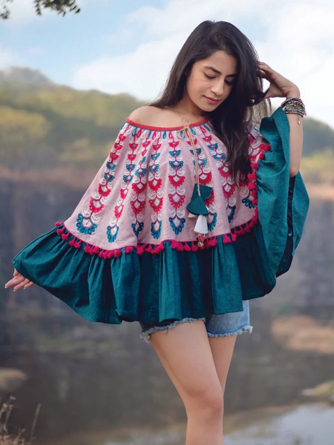 

Selvia Floral Embroidered Cape Sleeves Cotton Cape Regular Top, Teal