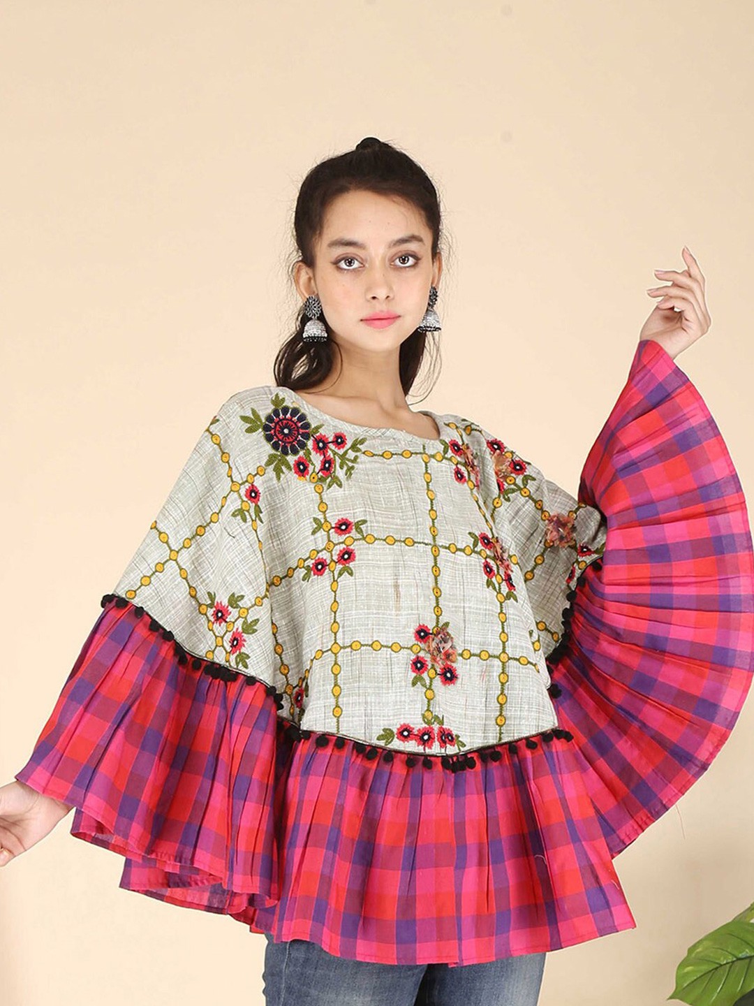 

Selvia Floral Printed Kimono Sleeves Cotton Top, Pink