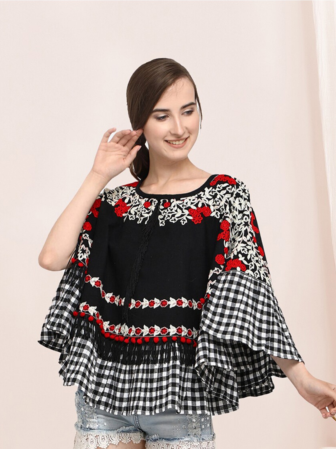 

Selvia Floral Embroidered Cape Sleeves Cotton Cape Regular Top, Black
