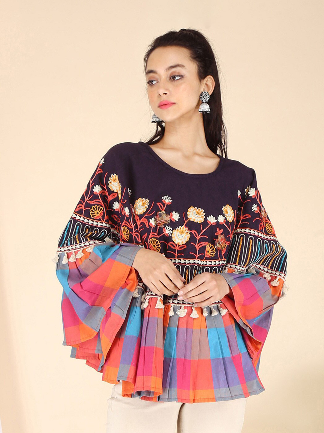 

Selvia Floral Embroidered Kimono Sleeves Cotton Top, Black