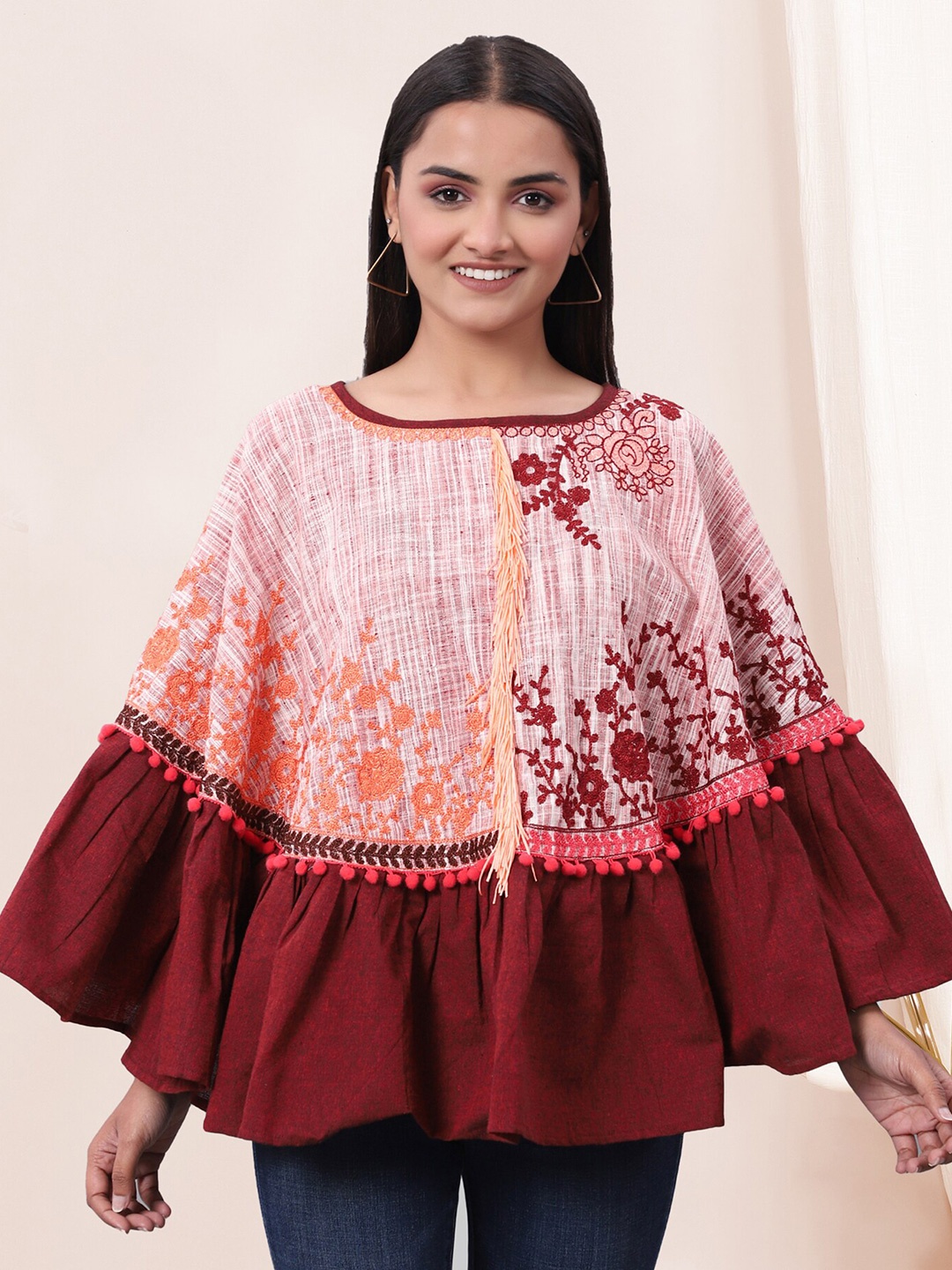 

Selvia Floral Embroidered Cape Sleeves Cotton Cape Regular Top, Pink