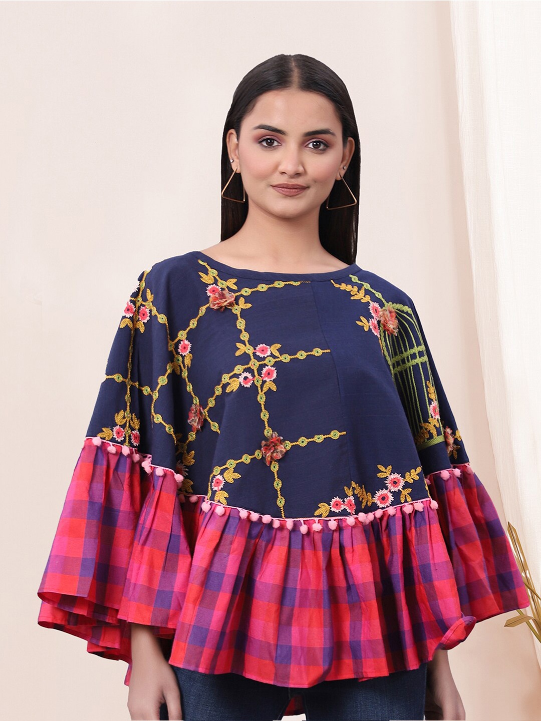 

Selvia Floral Embroidered Cape Sleeves Cotton Cape Regular Top, Navy blue
