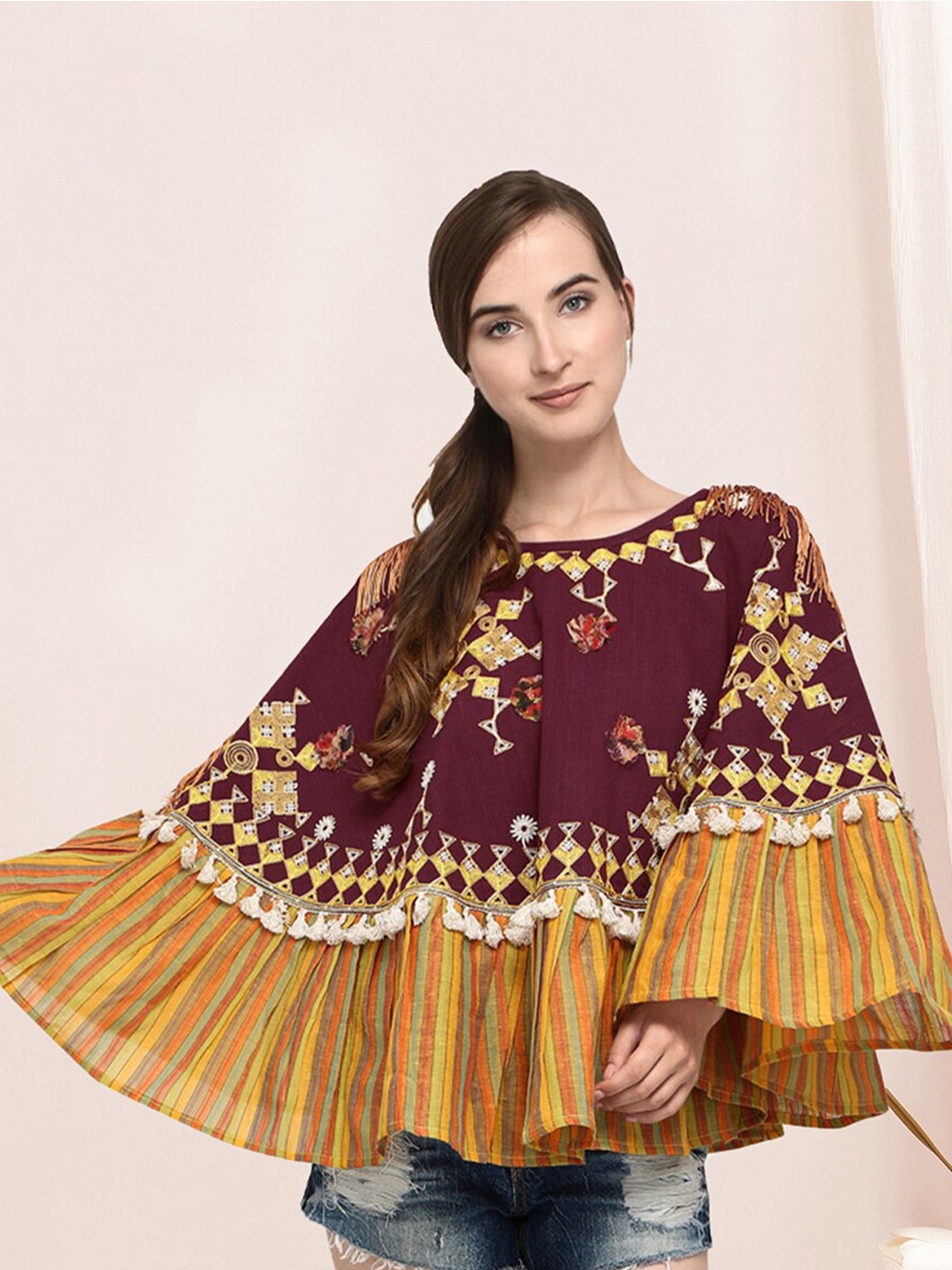 

Selvia Floral Embroidered Cape Sleeves Cotton Cape Regular Top, Maroon