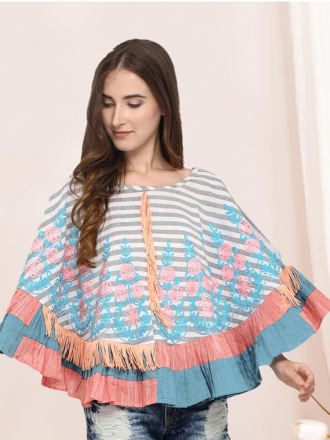 

Selvia Cape Striped Sleeve Embroidered detail Cotton Cape Top, Blue