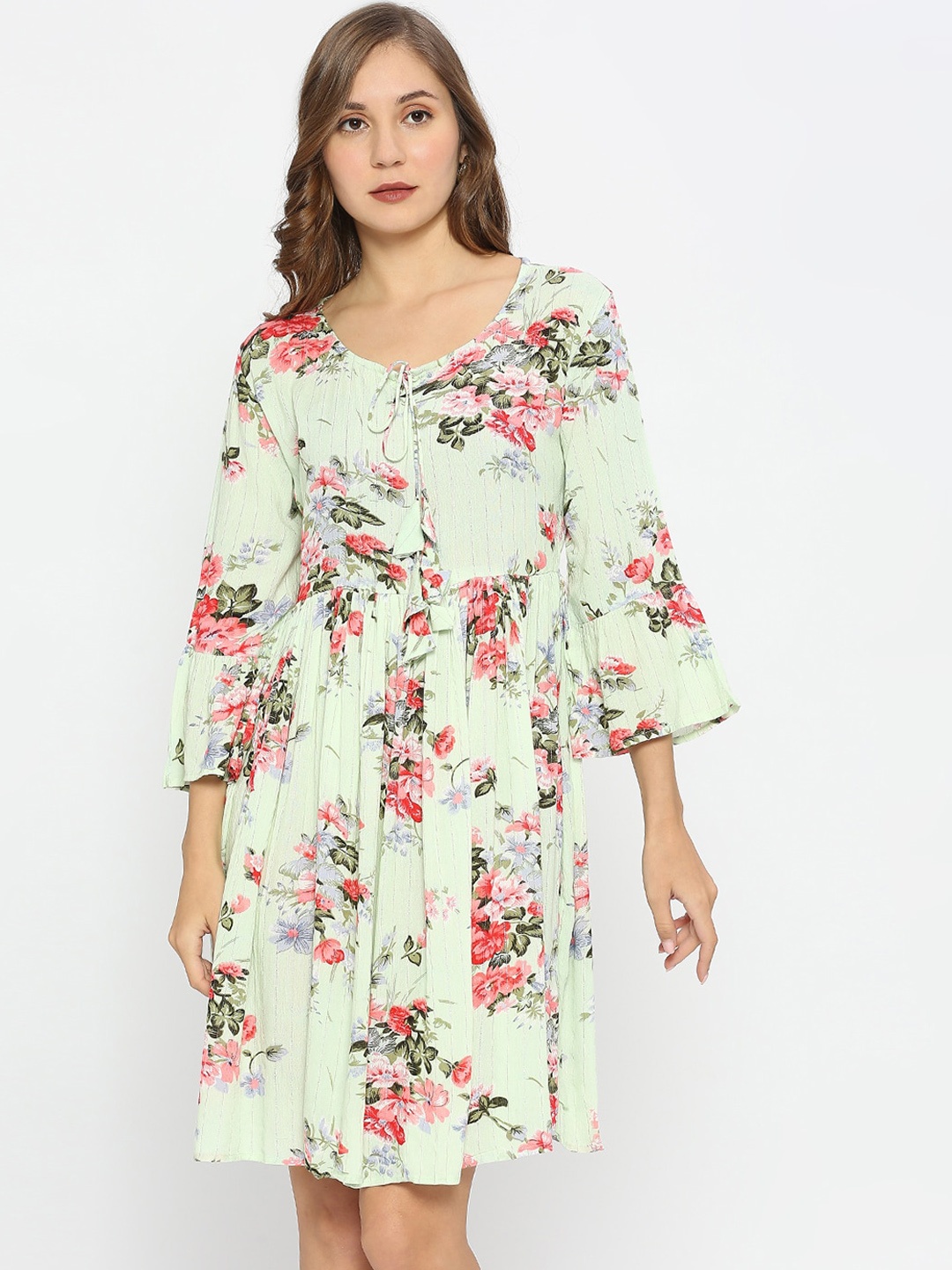 

ZRI Floral Printed Tie-Up Bell Sleeves Dress, Green