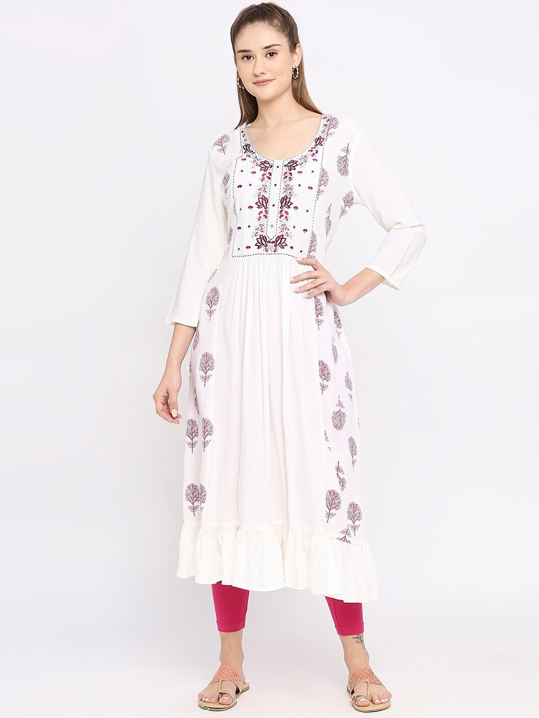 

ZRI Floral Printed Yoke Design Thread Work Anarkali Kurta, Pink