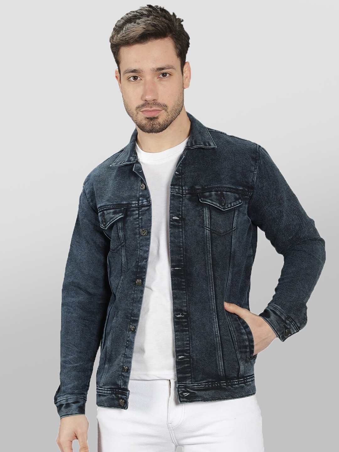 

Mad Over Print Washed Spread Collar Denim Jacket, Blue