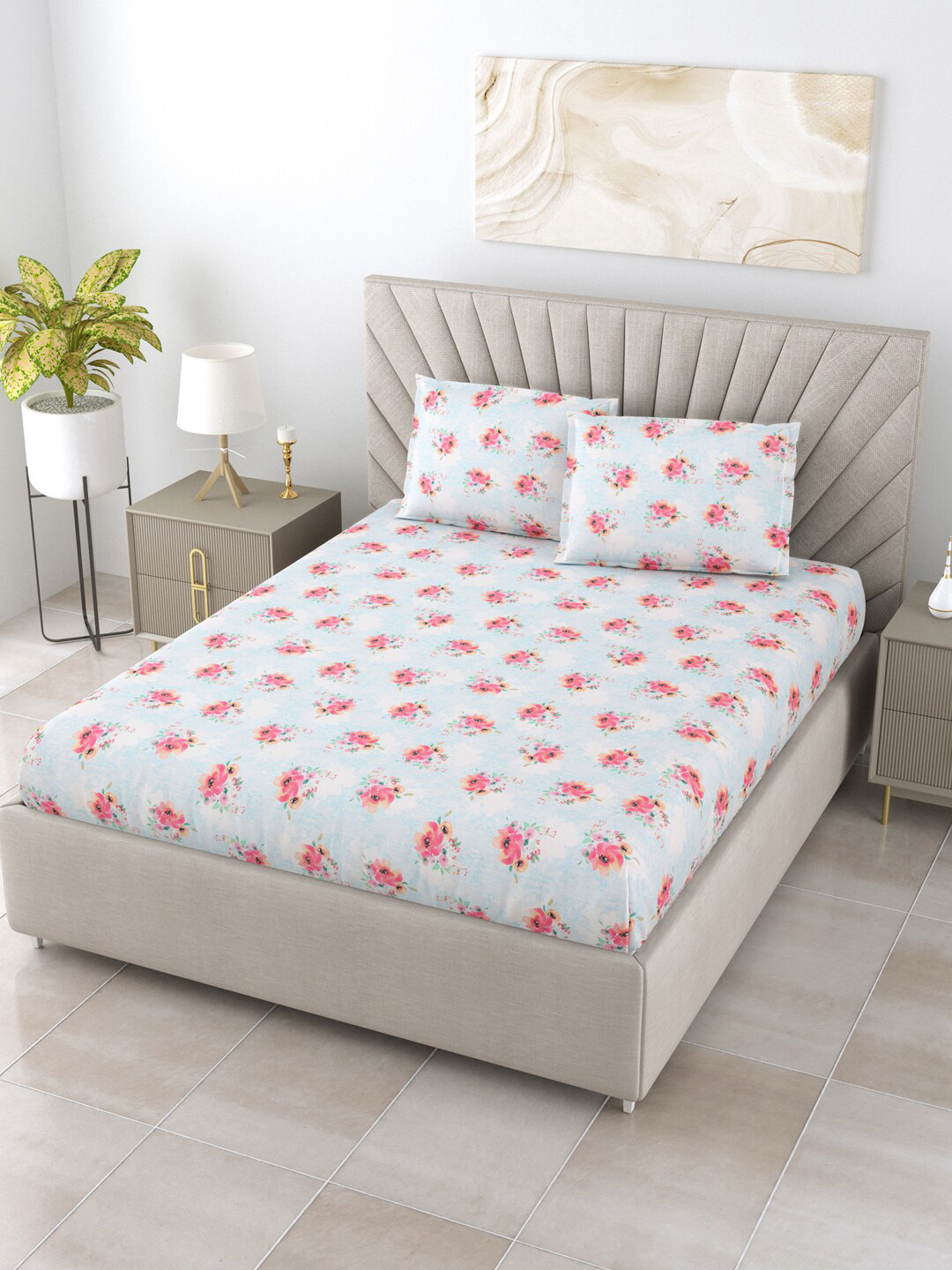 

BOMBAY DYEING Florentine Pink & Blue Floral Cotton 144 TC King Bedsheet & 2 Pillow Covers