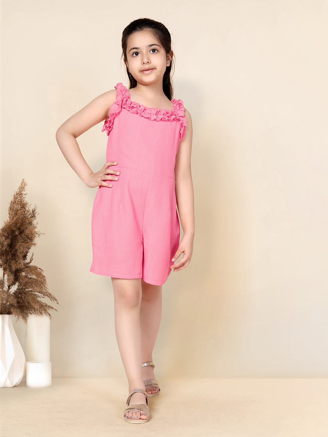 

FASHION DREAM Girls Shoulder Straps Ruffles Playsuit, Peach
