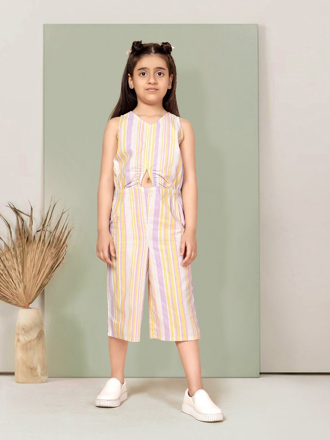 

FASHION DREAM Girls Striped V-Neck Capri Cotton Jumpsuit, White