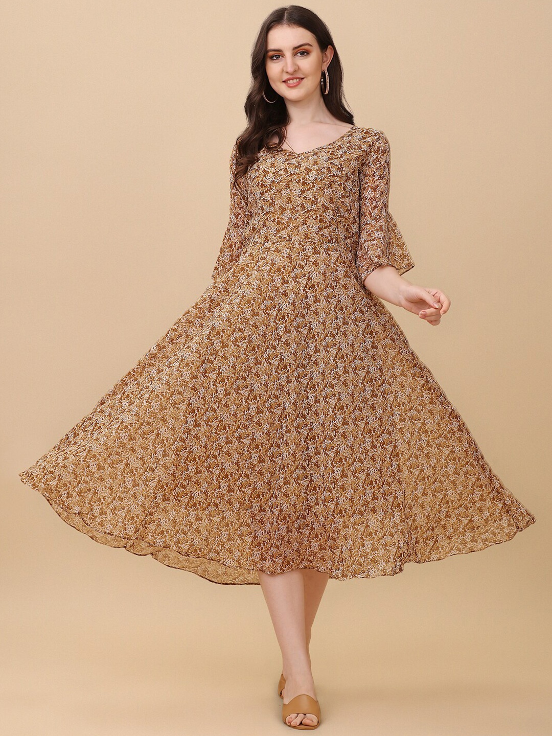 

KALINI Floral Printed Bell Sleeve Georgette Fit and Flare Midi Dress, Brown