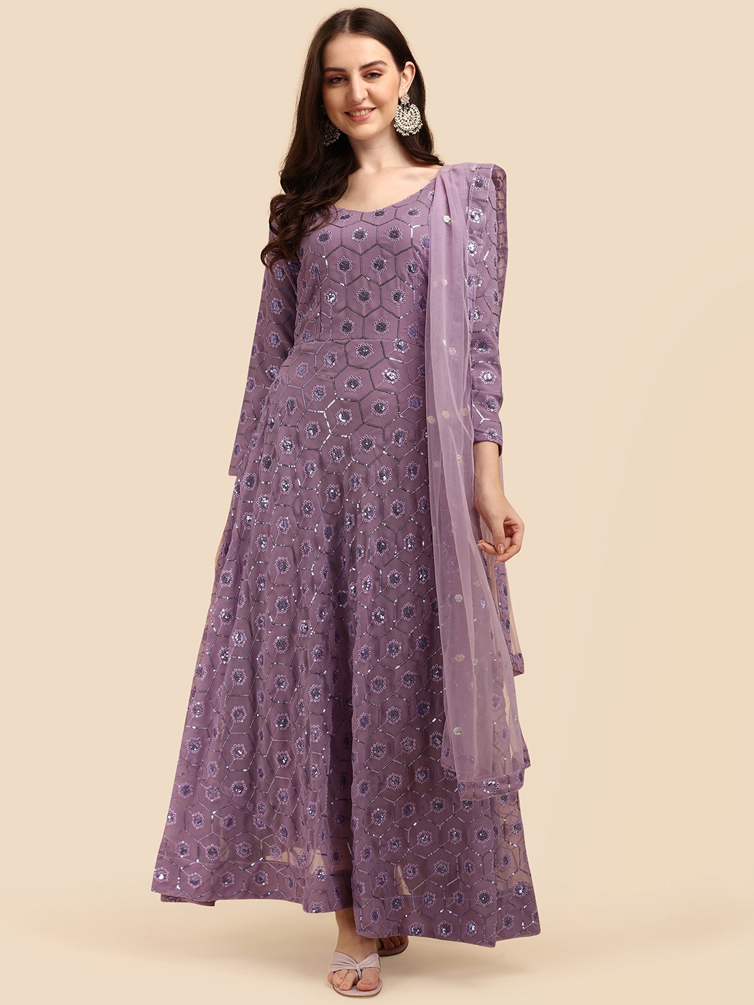 

KALINI Sequin Embellished Georgette Maxi Ethnic Dress With Dupatta, Purple