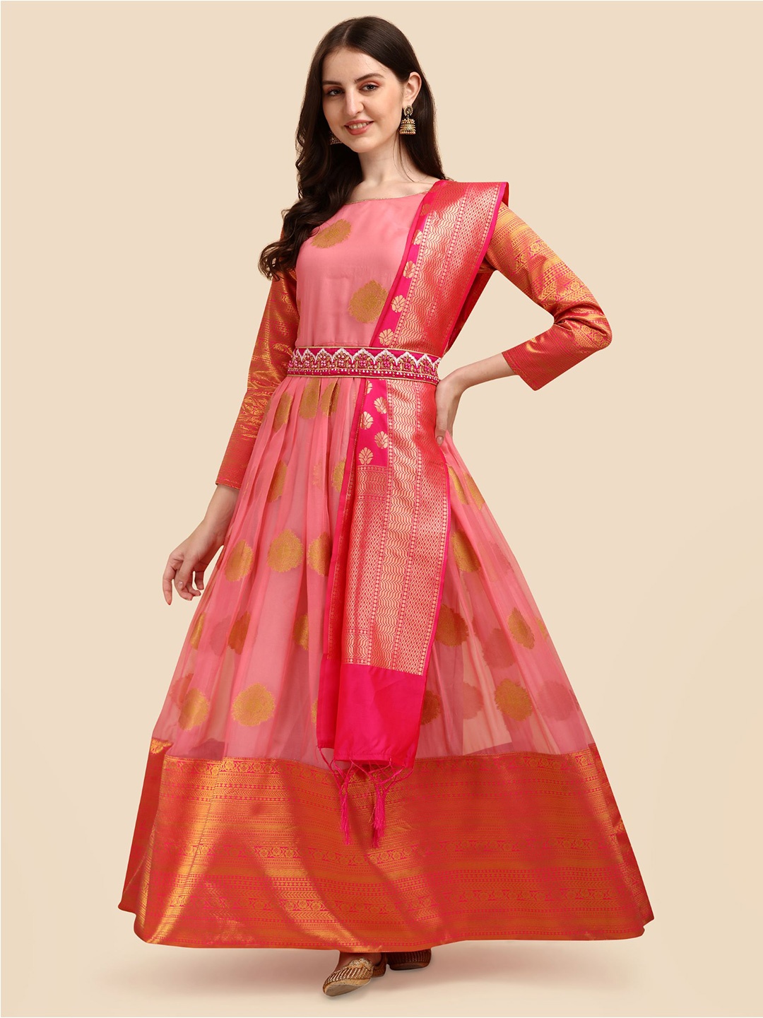 

KALINI Ethnic Motifs Woven Design Jacquard Maxi Ethnic Dress With Dupatta, Pink