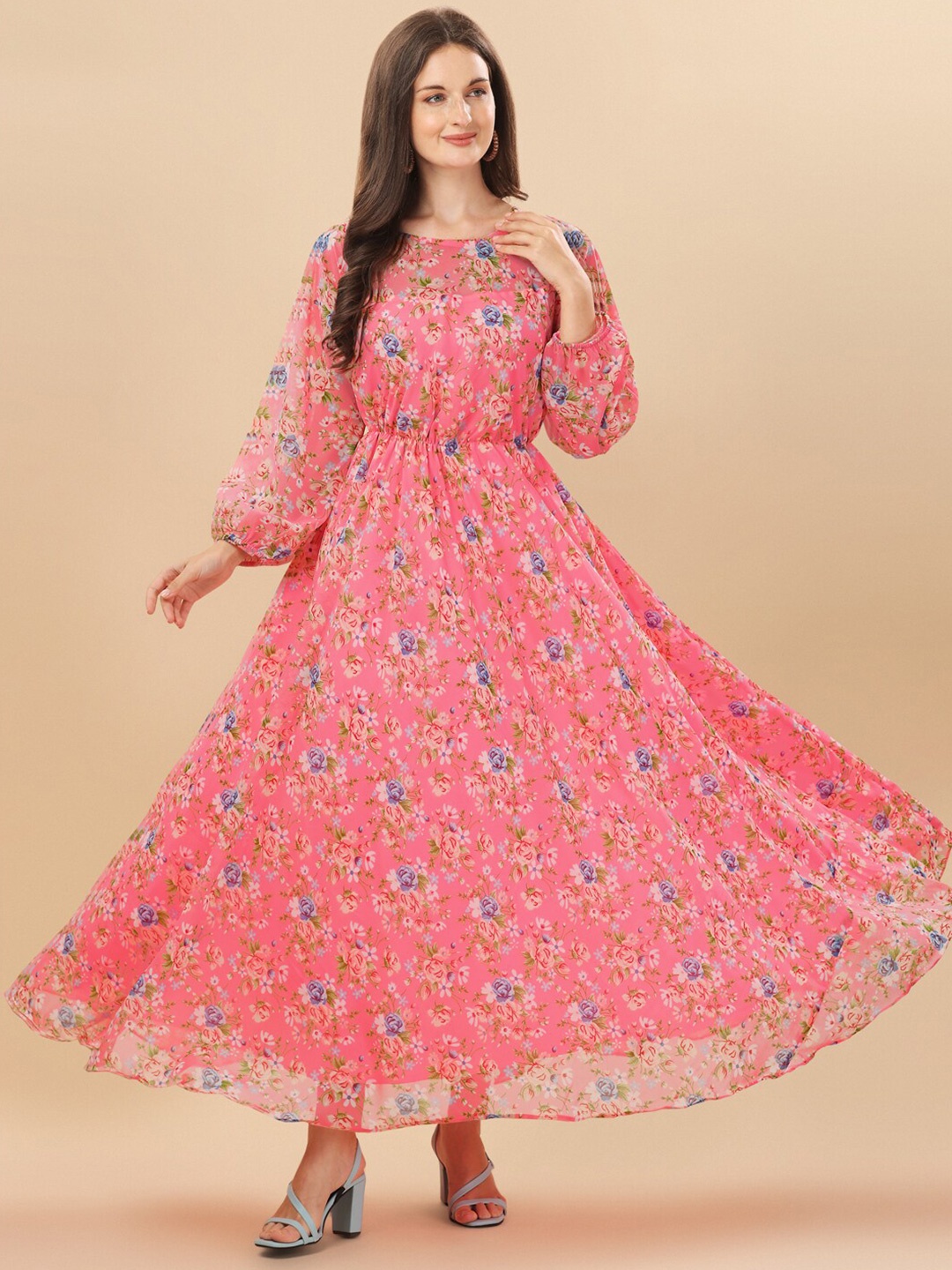 

KALINI Floral Printed Puff Sleeves Gathered Fit & Flare Dress, Peach