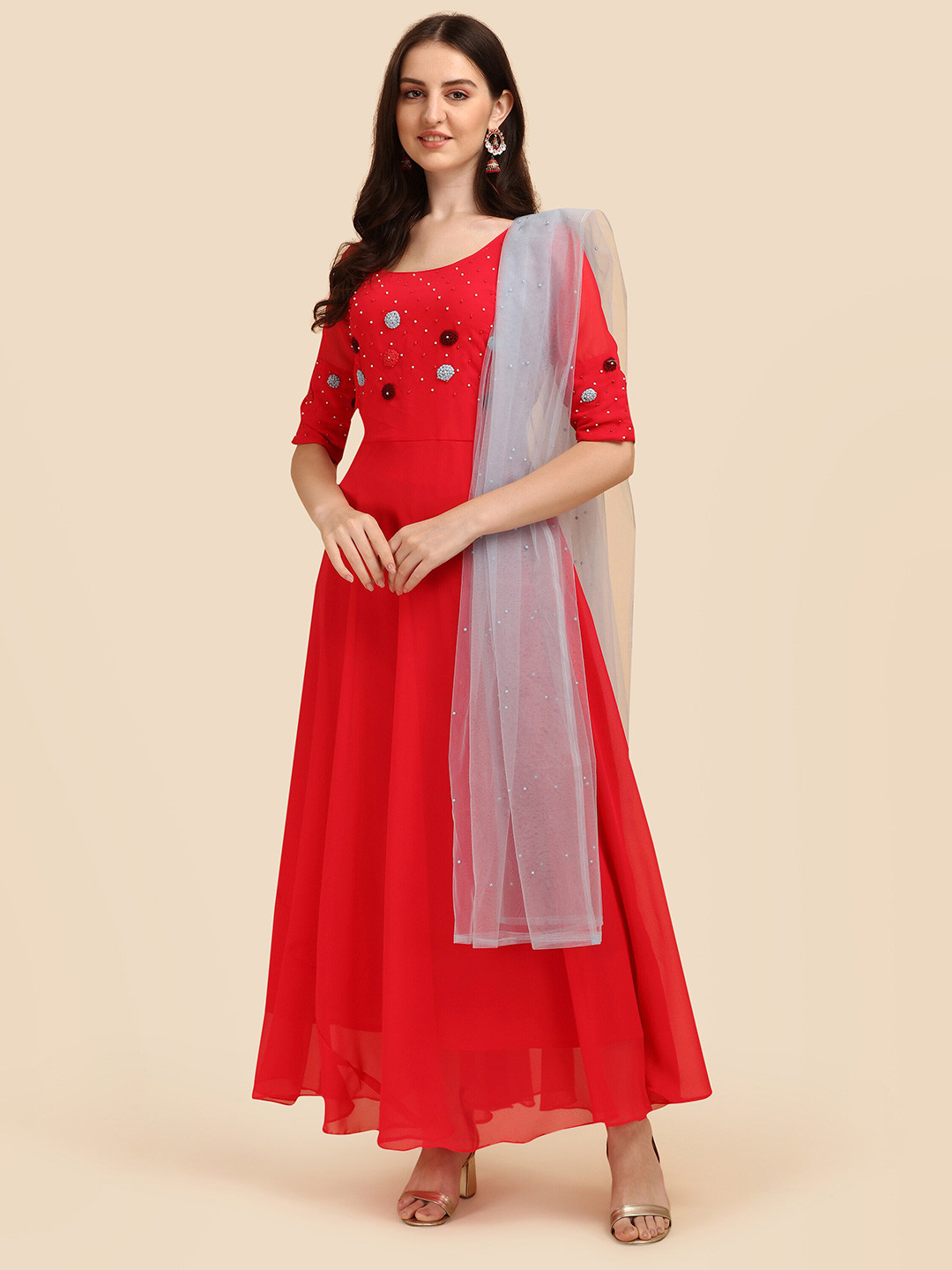 

KALINI Beads And Stones Embellished Georgette Maxi Ethnic Dress With Dupatta, Red
