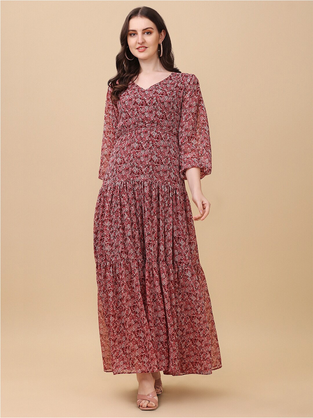 

KALINI Floral Printed V-Neck Georgette Maxi Dress, Maroon