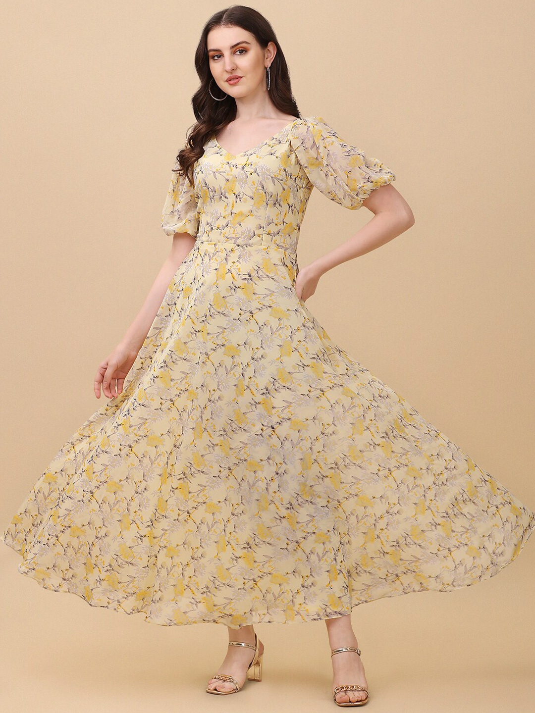 

KALINI Floral Print V-Neck Puff Sleeve Georgette Maxi Dress, Yellow