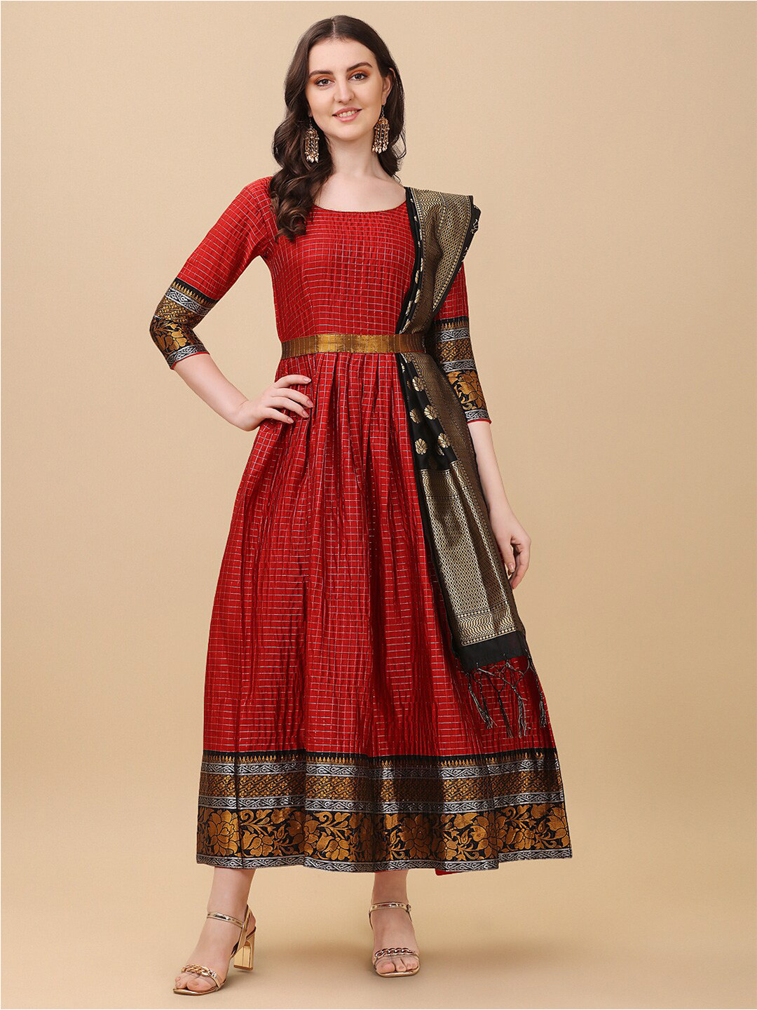 

KALINI Checked Jacquard Fit and Flare Midi Ethnic Dress With Dupatta, Red