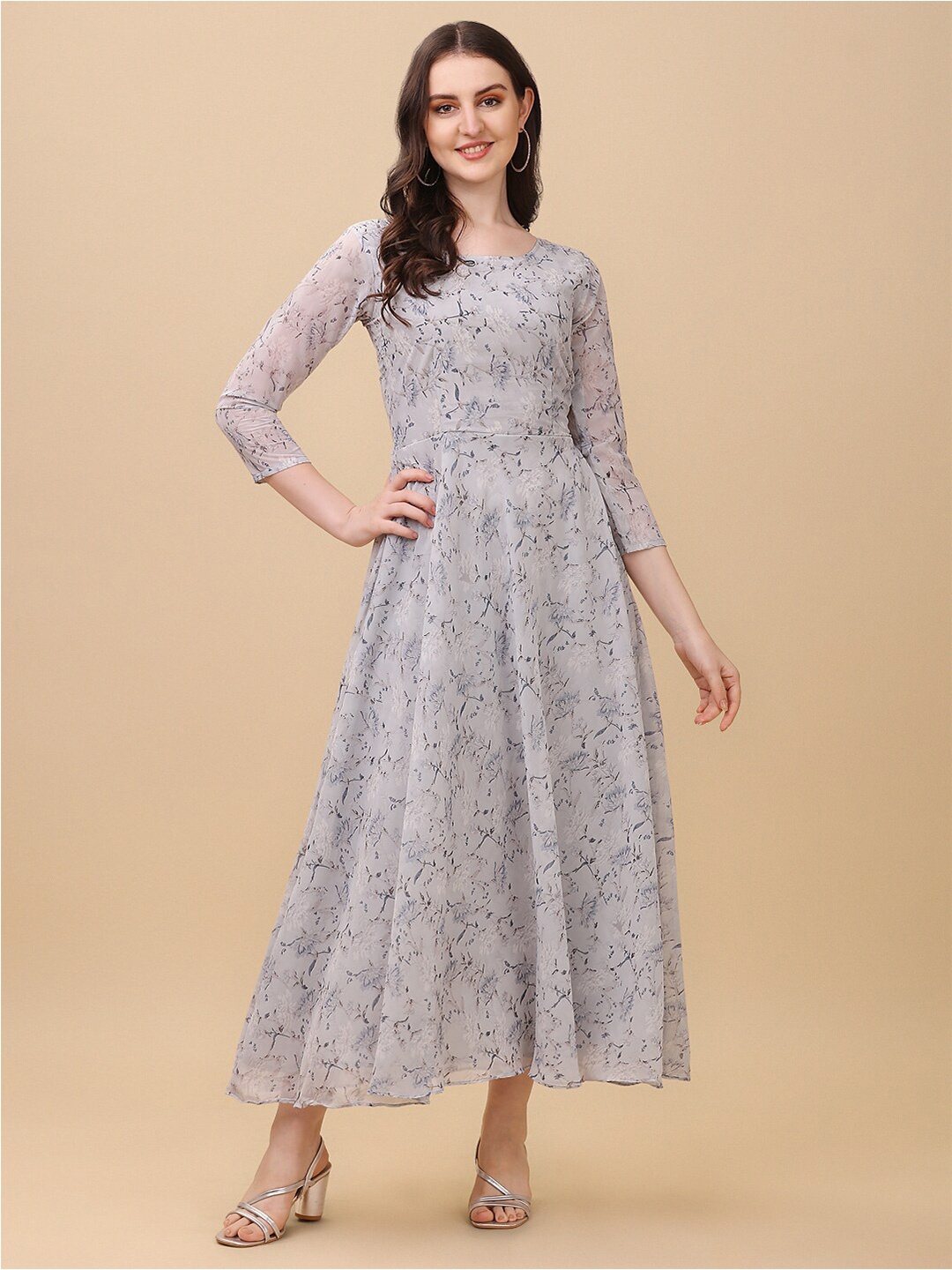 

KALINI Floral Printed Georgette Fit and Flare Midi Dress, Grey