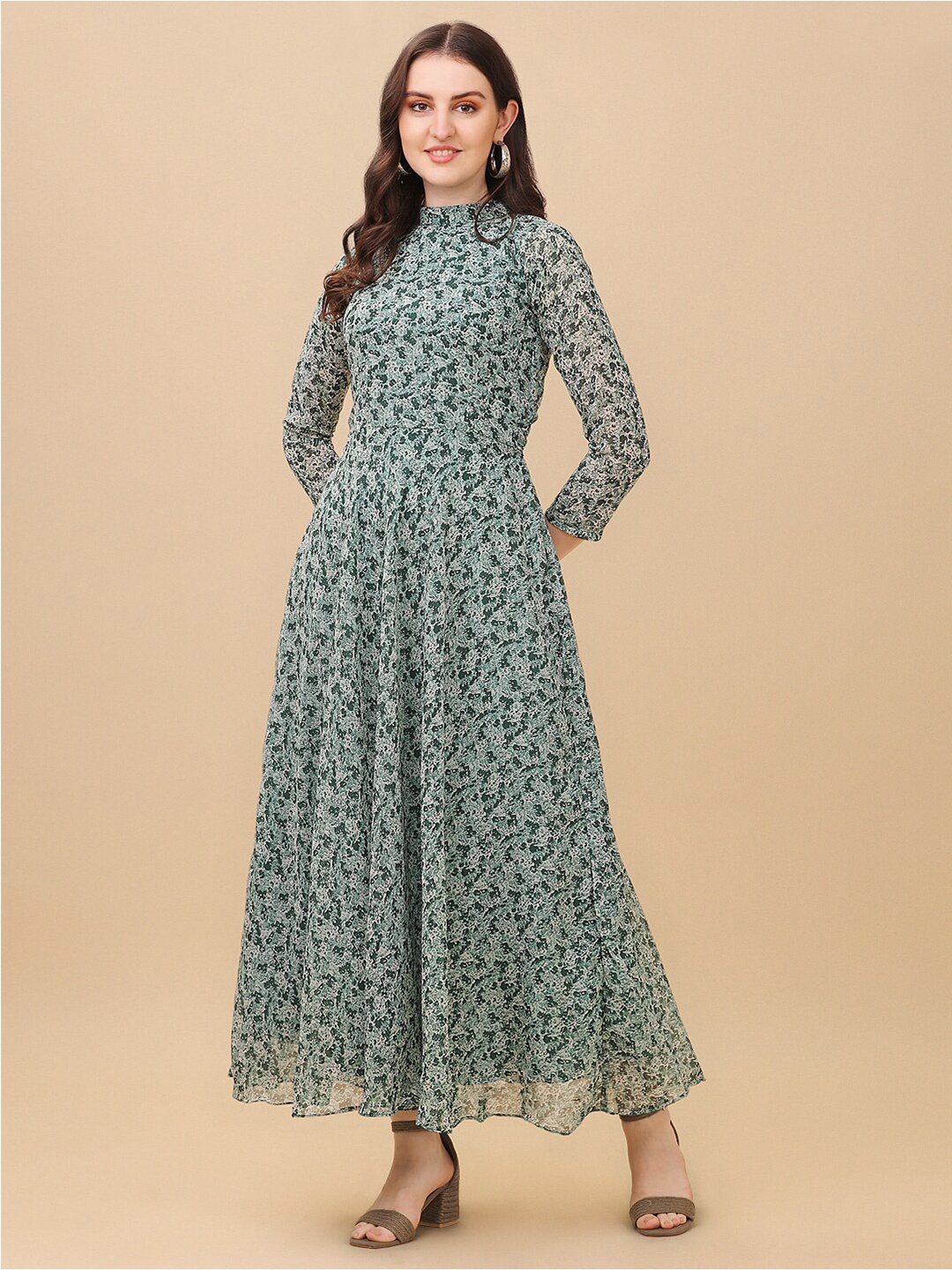 KALINI Floral Printed High Neck Georgette Fit & Flare Midi Dress, Green