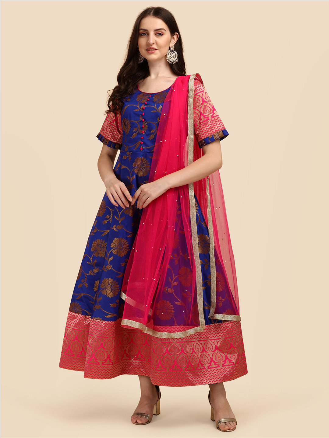

KALINI Flora Printed Jacquard Fit & Flare Ethnic Dress With Dupatta, Blue