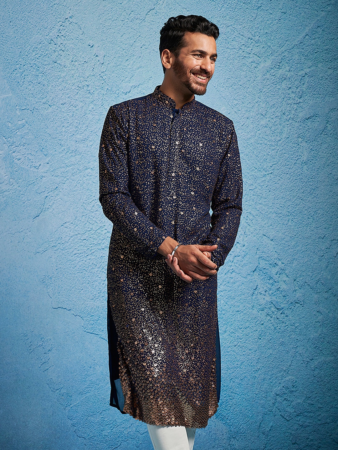 

VASTRAMAY Sequinned Embellished Straight Kurta, Navy blue