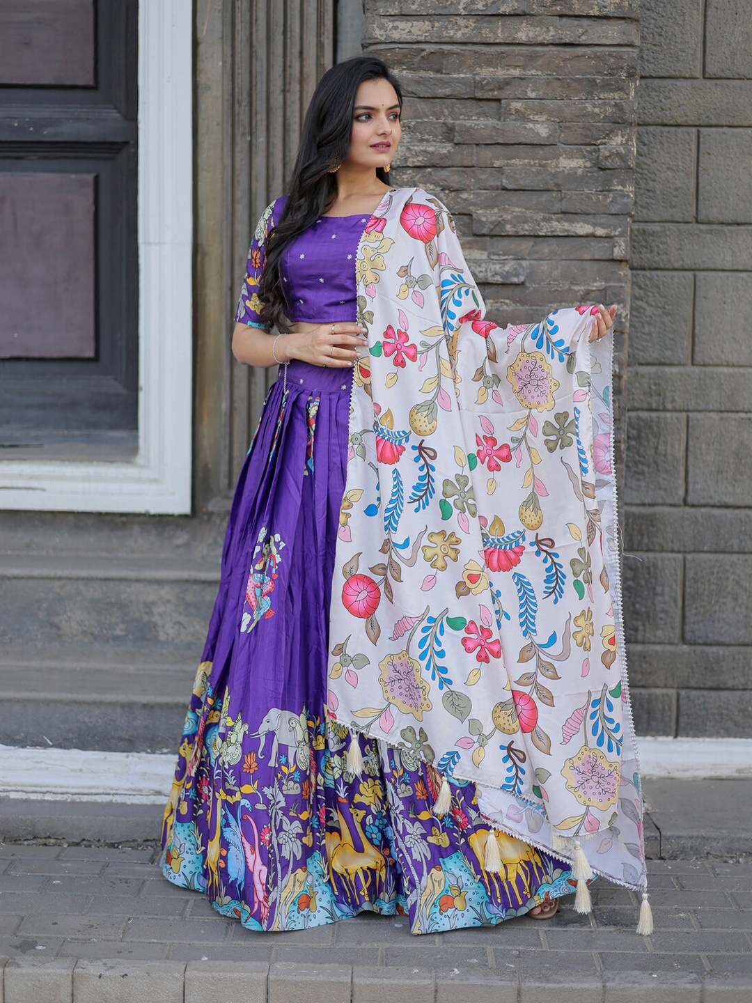 

PMD Fashion Block Printed Silk Semi Stitched Lehenga & Unstitched Blouse With Dupatta, Purple